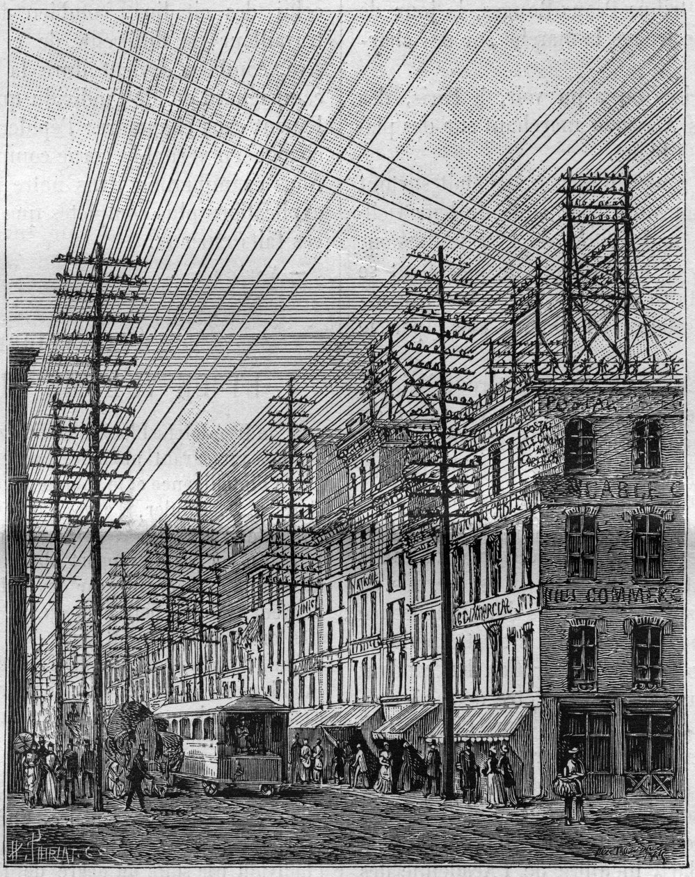 Lucht elektrische draden, in Philadelphia (Verenigde Staten), hoek van Chesnut street en Third street. Gravure in 