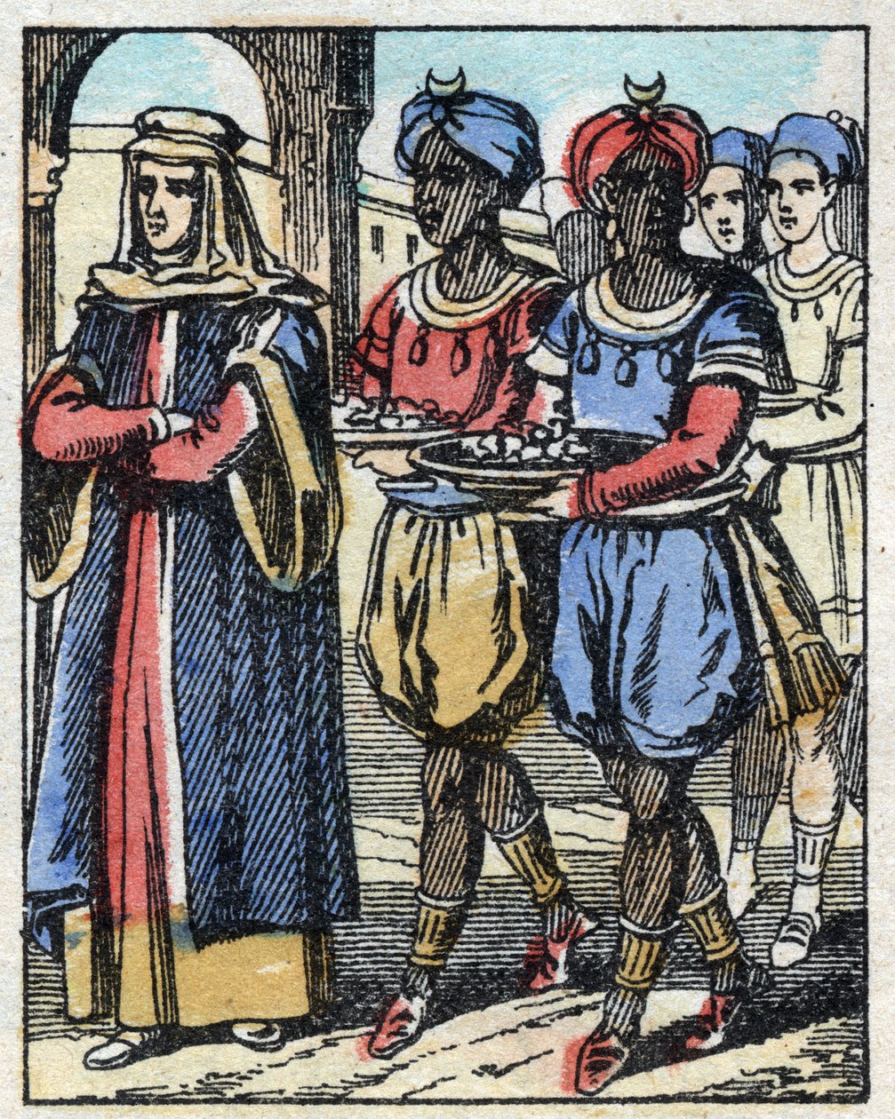 Aladin stuurde opnieuw zijn moeder, begeleid door slaven die geschenken dragen, om een huwelijksaanzoek te doen aan de dochter van de Sultan. Gravure van het verhaal Duizend-en-een-nacht 
