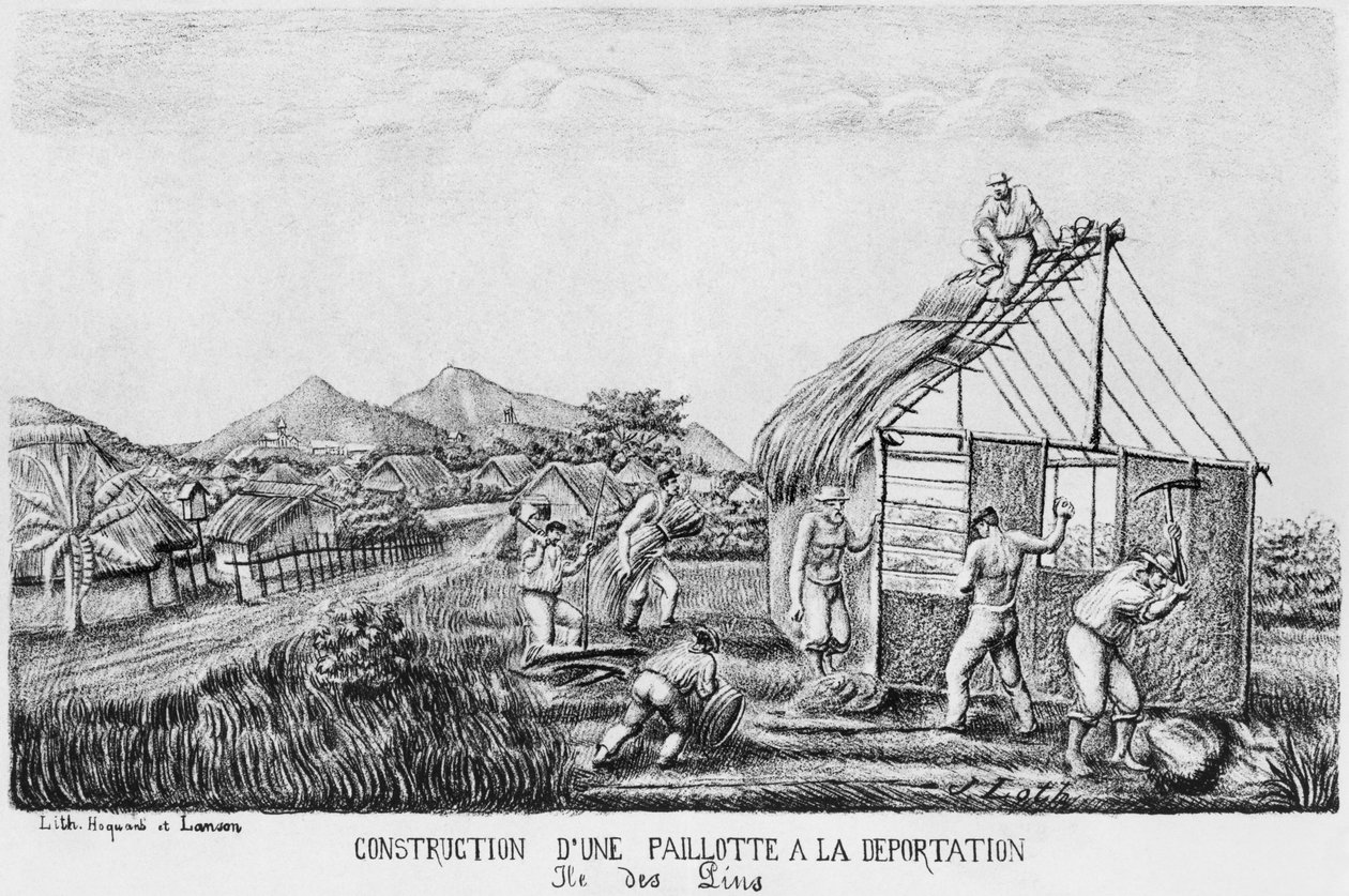 Album van het Isle of Pines, bouw van een strohut door de gedeporteerden, 1878-79 door French School