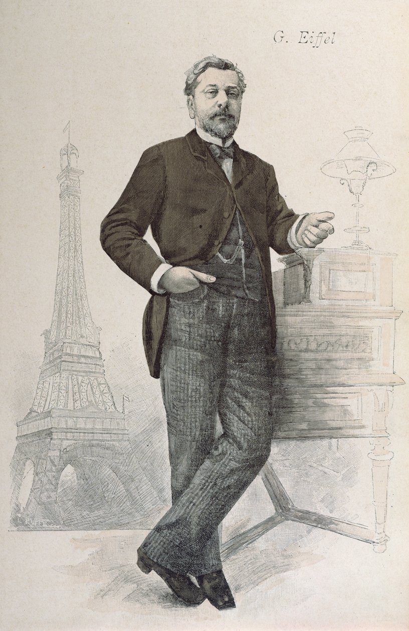 Alexandre Gustave Eiffel poseert bij zijn bureau met een tekening van de Eiffeltoren, illustratie uit La Revue Illustrée, 1888 door French School