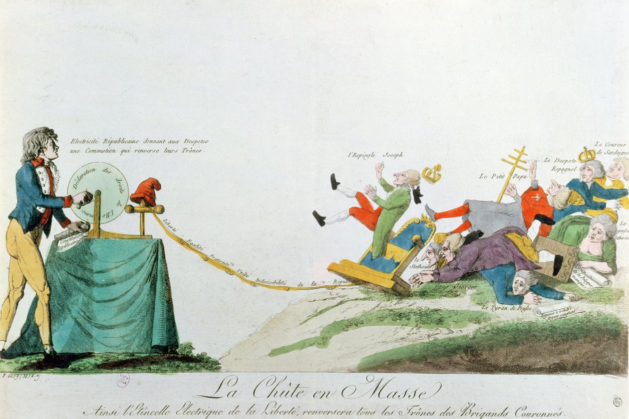 Allen vallen neer, de elektriciteit gegenereerd door de Verklaring van de Rechten van de Mens tijdens de Franse Revolutie keert de tronen en monarchen van Europa om, ca. 1793 door French School
