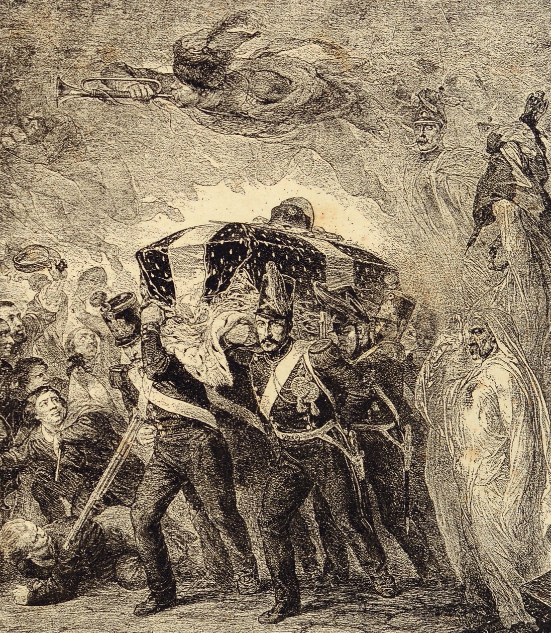 Allegorie van de terugkeer van de as van de Franse keizer Napoleon Bonaparte in 1840. 19e eeuw (gravure uit "Clours, mores, usages, costumes, inventions") door French School