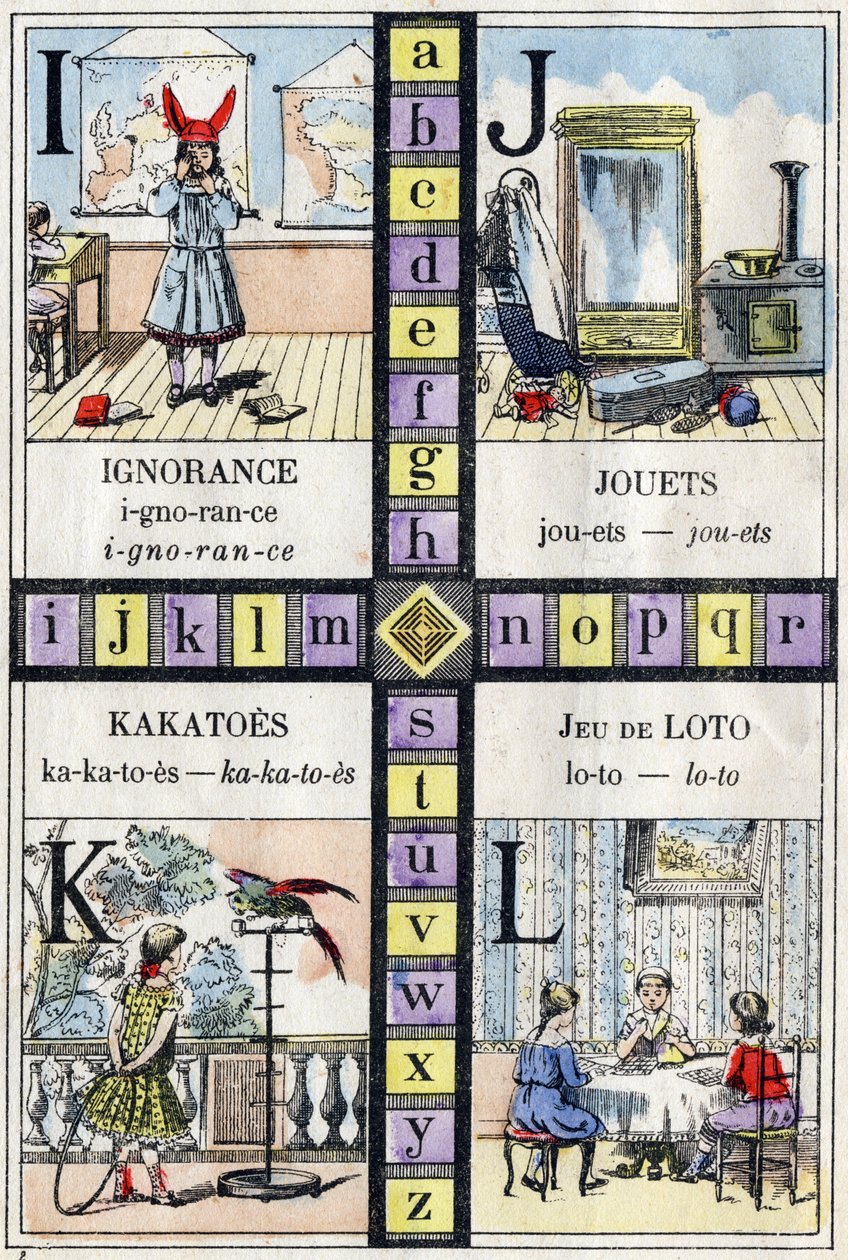 Alfabet en Letter I J K en L, onwetendheid, speelgoed, kakatoes en lotto spel. ABC van de kleine meisjes. Epinal beeld door French School