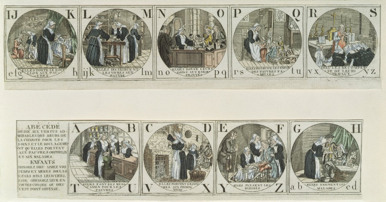 Alfabetprimer die het werk van de Zusters van Liefde uitbeeldt, begin negentiende eeuw (kleurgravure) door French School
