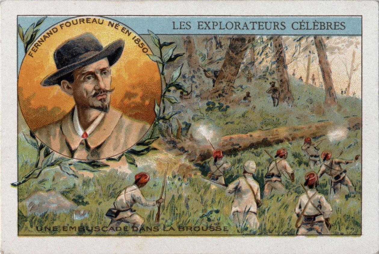 Hinderlaag in de Afrikaanse bush tijdens een expeditie door de Franse ontdekkingsreiziger Frenand Fourreau (1850 - 1914). Chromolithografie uit de 19e eeuw. door French School