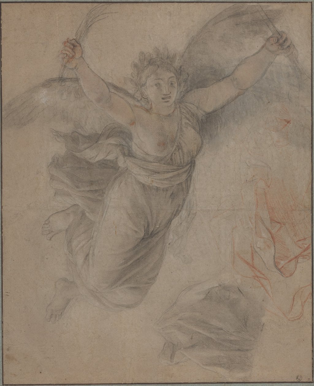 Een allegorische vrouwenfiguur (zwart en rood krijt, gehoogd met wit, op bruin gelay-out papier) door French School