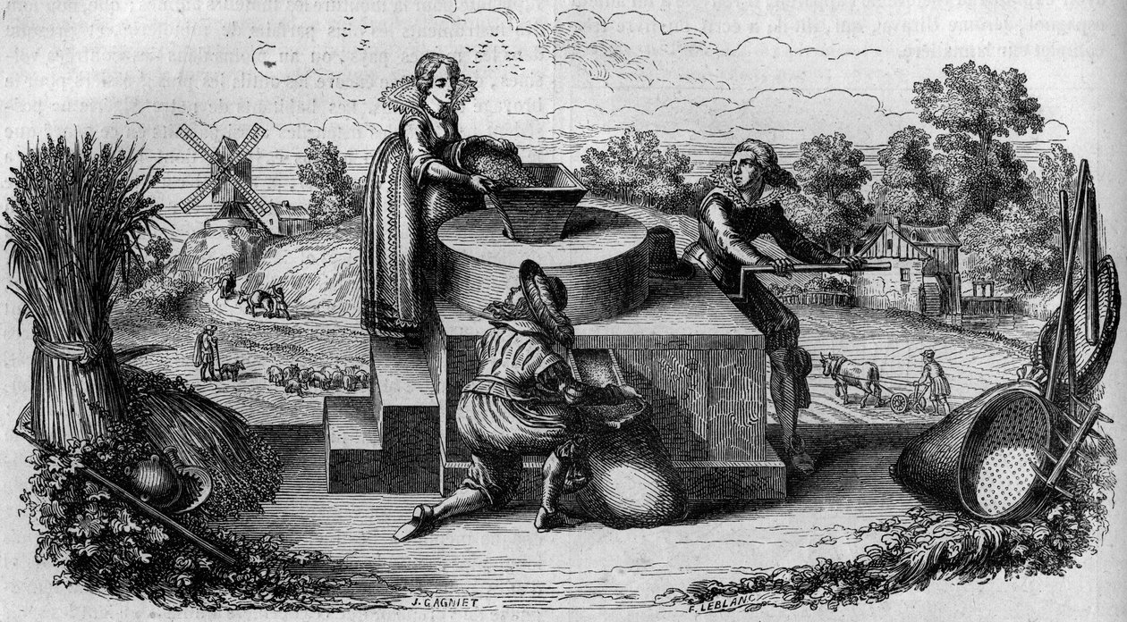 Een arm molen in de 17e eeuw in Duitsland. Gravure in 