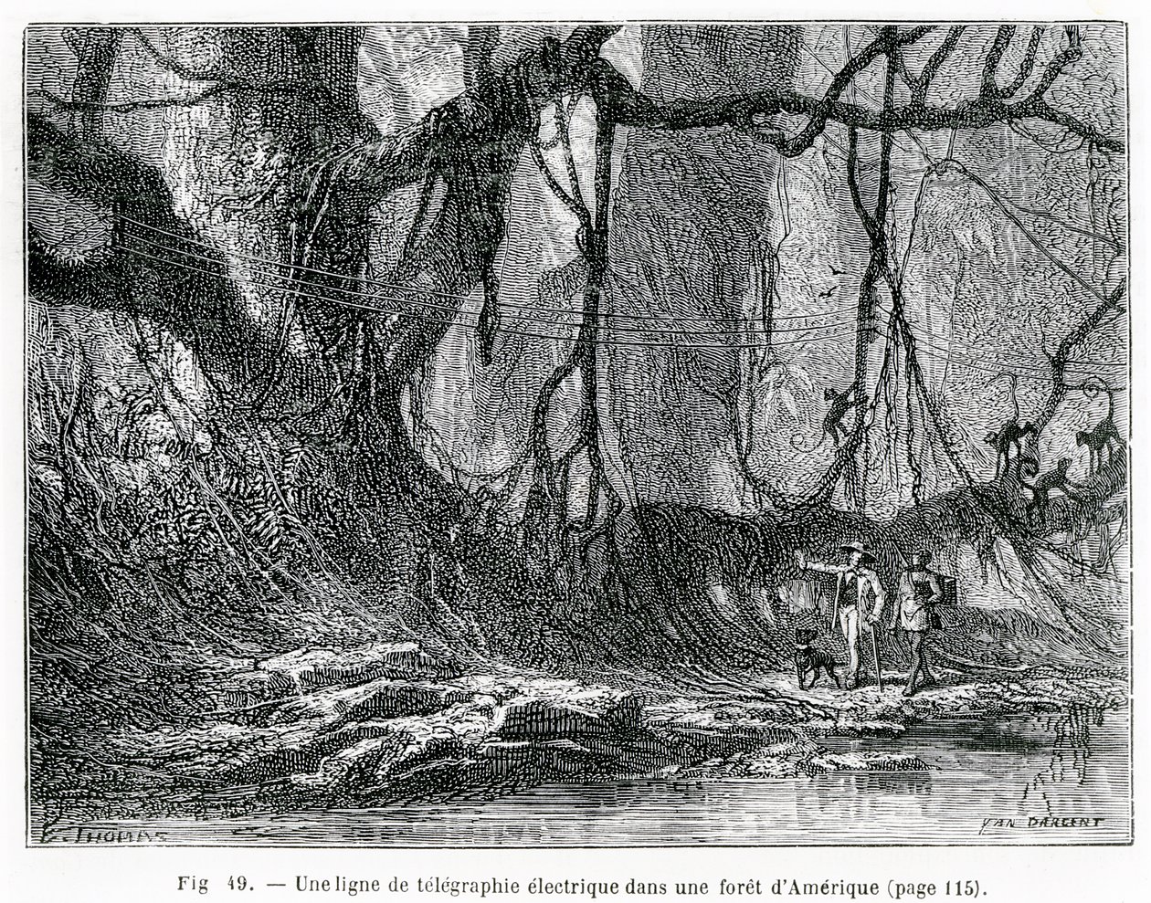 Een elektrische telegraaflijn in een Amerikaans bos, ca. 1870 (gravure) door French School