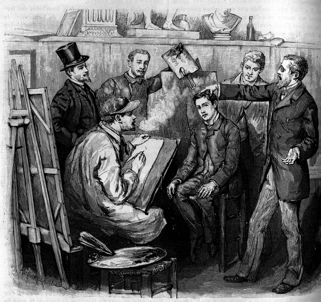Analyse van een frenoloog (frenologie) op een kandidaat in een kunstschool in Parijs. Gravure in het illustere tijdschrift 