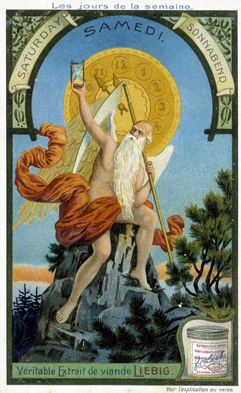 Oude godheid met een zandloper als symbool van het verstrijken van de tijd om zaterdag te illustreren. Liebig Chromolithografische Reclamekaart door French School
