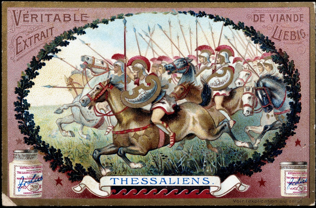 Oud Griekenland: Thessalië in de oudheid. Thessalische cavalerieaanval tegen de Romeinen. Liebig chromolithografie uit het einde van de 19e eeuw. door French School