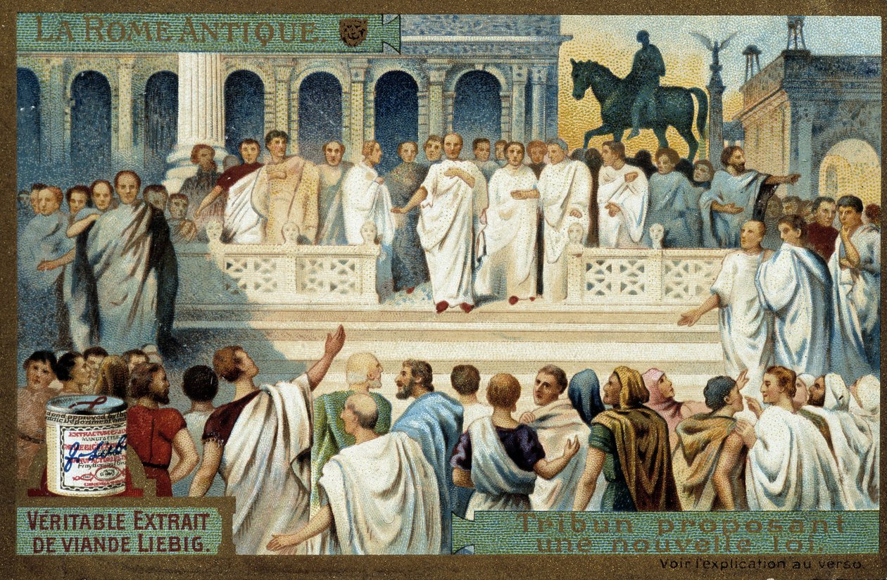 Oud Rome: tribune die een nieuwe wet voorstelt - Liebig Chromolithografie, ca. 1900 door French School