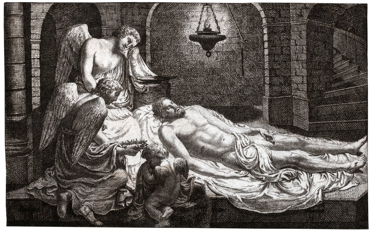 Engelen rond Jezus (gravure) door French School