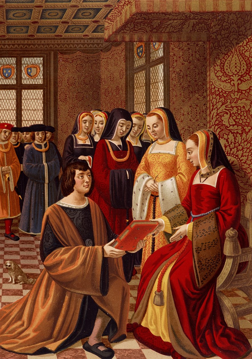 Anna van Bretagne (1477-1514) omringd door haar hofdames. Chromolithografie naar een 16e-eeuwse miniatuur. Bibliotheek van Arts Deco, Parijs door French School