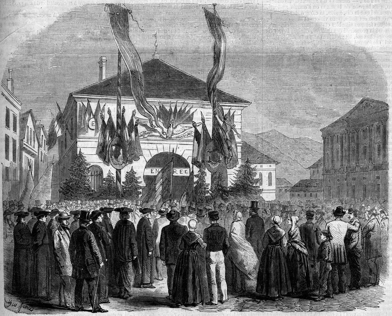 Annexatie van Savoye bij Frankrijk, Chambery, 22 april 1860: stemming van de bevolking over de aansluiting van Savoye bij Frankrijk. Gravure in 