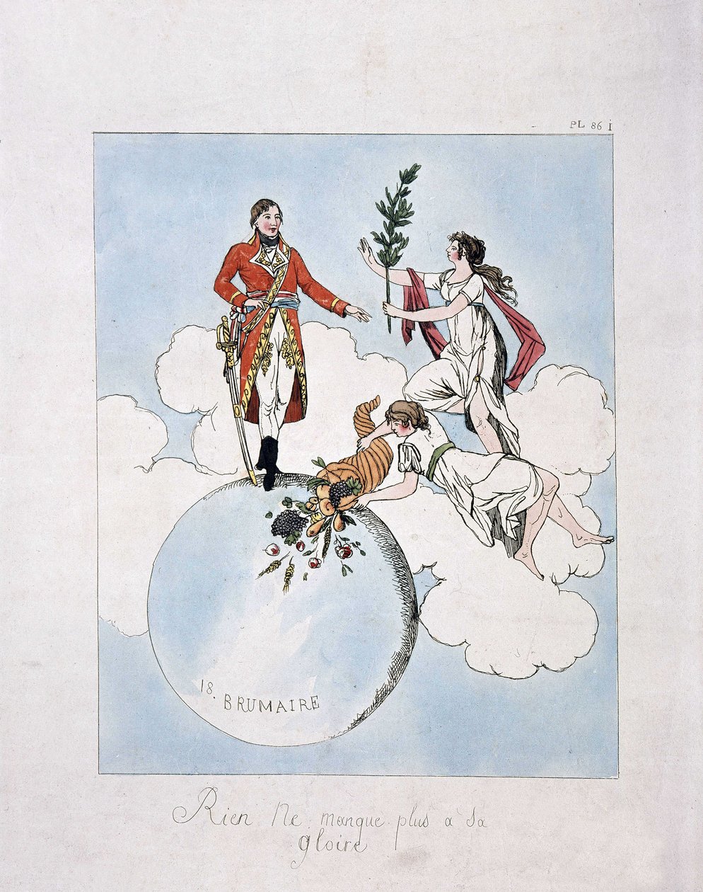 Apotheose van Napoleon-Bonaparte tijdens de staatsgreep van 18 brumaire jaar VIII (9.11.1799). (nimfen presenteren hem laurier en hoorn des overvloeds) door French School
