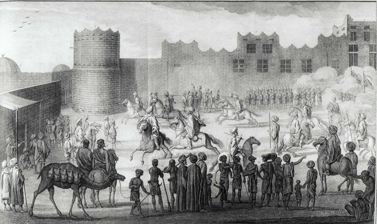 Arabische Strijders die oefenen in Jemen, uit Beschrijving van Arabië gemaakt op basis van eigen observaties en adviezen verzameld ter plaatse door Carsten Niebuhr, gepubliceerd 1774 door French School