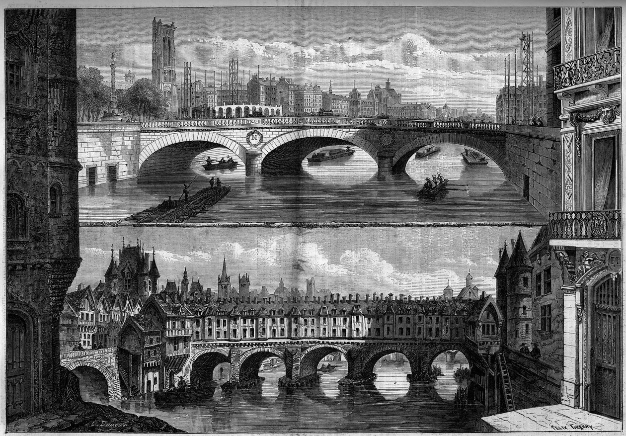 Architectuur, Parijs: uitzichten op de oude brug au Change (1639-1647) in 1660 en de nieuwe brug gebouwd in 1860. Gravure in 