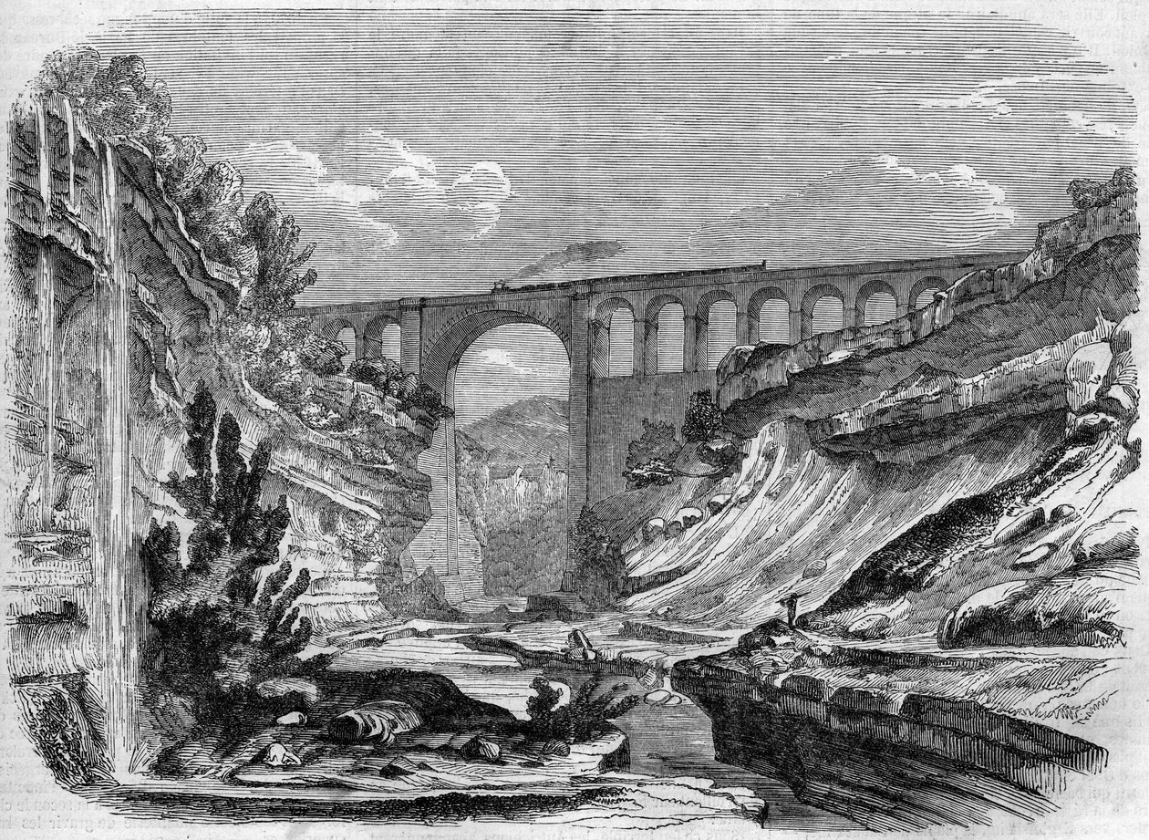 Architectuur: uitzicht op het Valserine-viaduct (Rhône-Alpes) op de spoorlijn die Lyon met Genève verbindt. 1858. Gravure in 