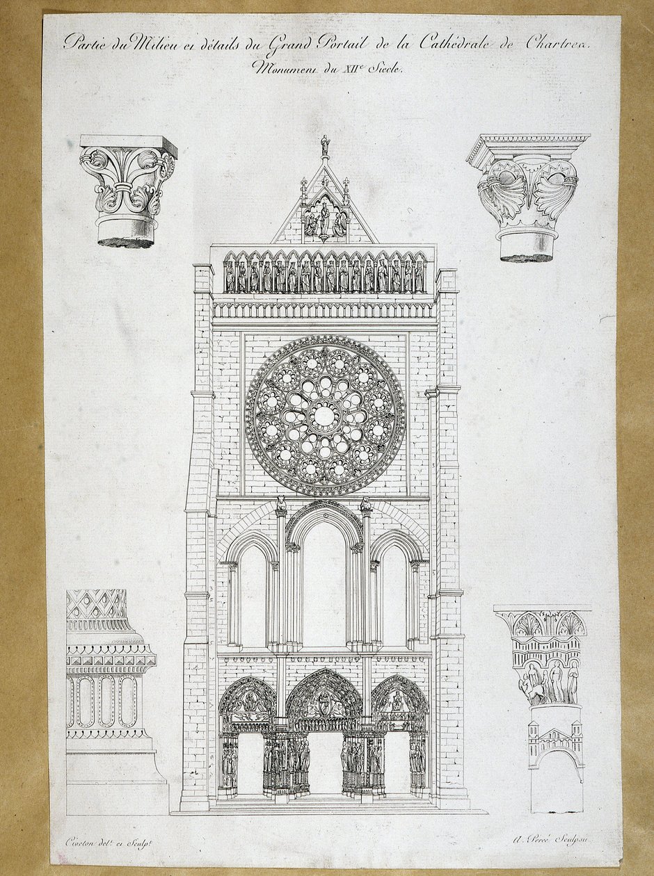 Architectuur: uitzicht op het grote portaal van de Kathedraal van Chartres - Monument uit de 12e eeuw, plaat uit de 19e eeuw door French School