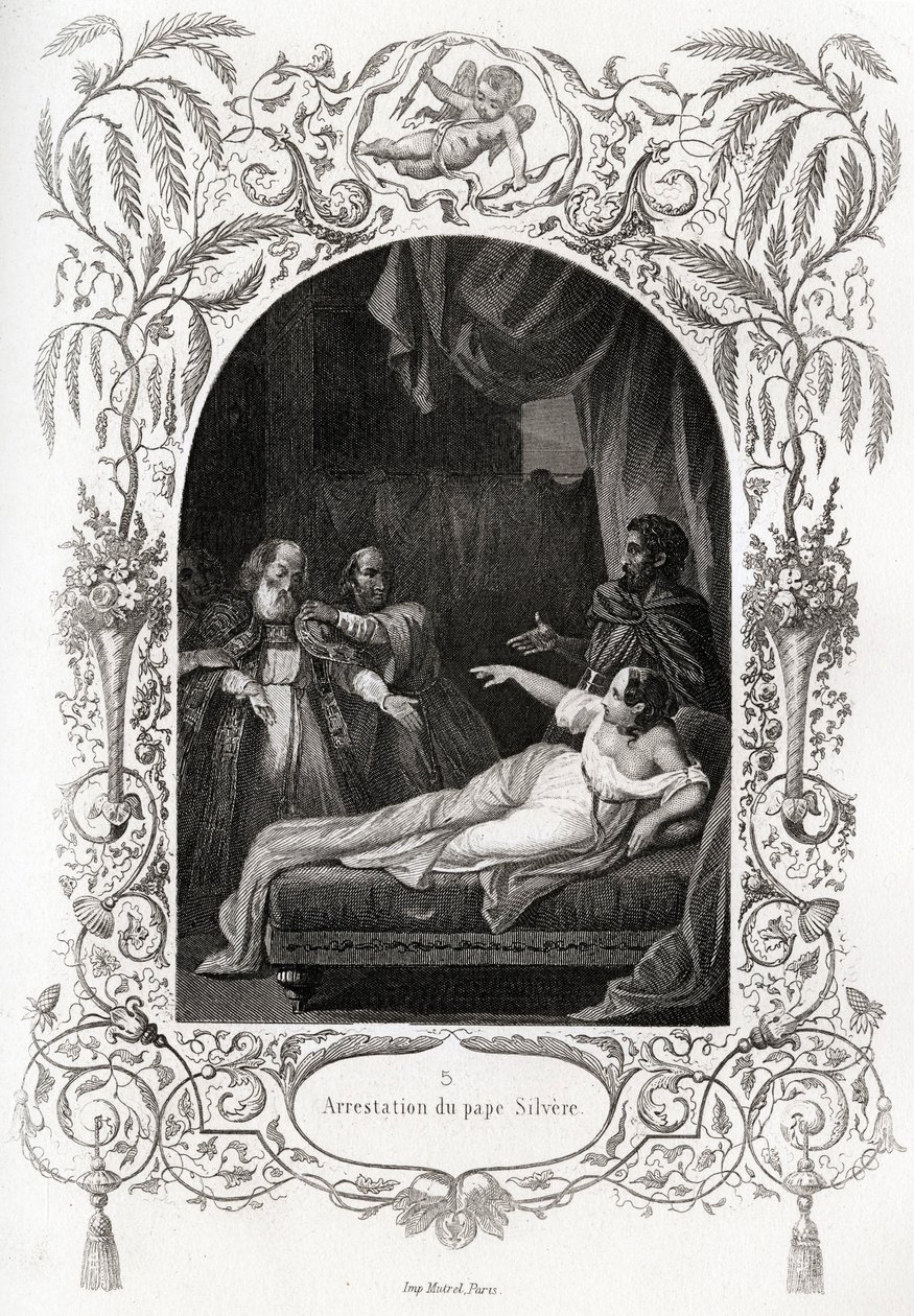 Arrestatie van paus Silvere (Silverio) (Paus van 536 tot 537). Gravure ter illustratie van Geschiedenis van de pausen door Maurice Lachatre (1814-1900), librairie du progres, Parijs. door French School