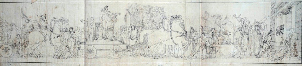 Aankomst in Parijs van objecten veroverd door het Franse leger in Italië. Het plunderen van kunstwerken was het doel van expedities door Dominique Vivant Denon onder bevel van consul Napoleon Bonaparte voor het Musee Napoleon (nu het Louvre Museum) Gravure door French School