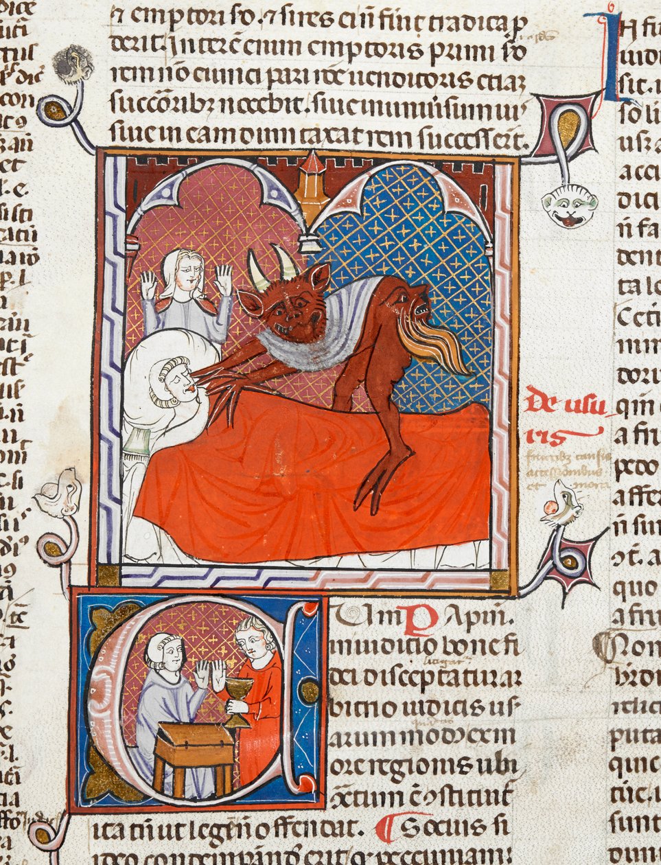 Een duivel of demon op het bed van een dode persoon, illustratie uit Digestum Vetus met gloss ordinaria, door Justinianus, c.1300-10 door French School