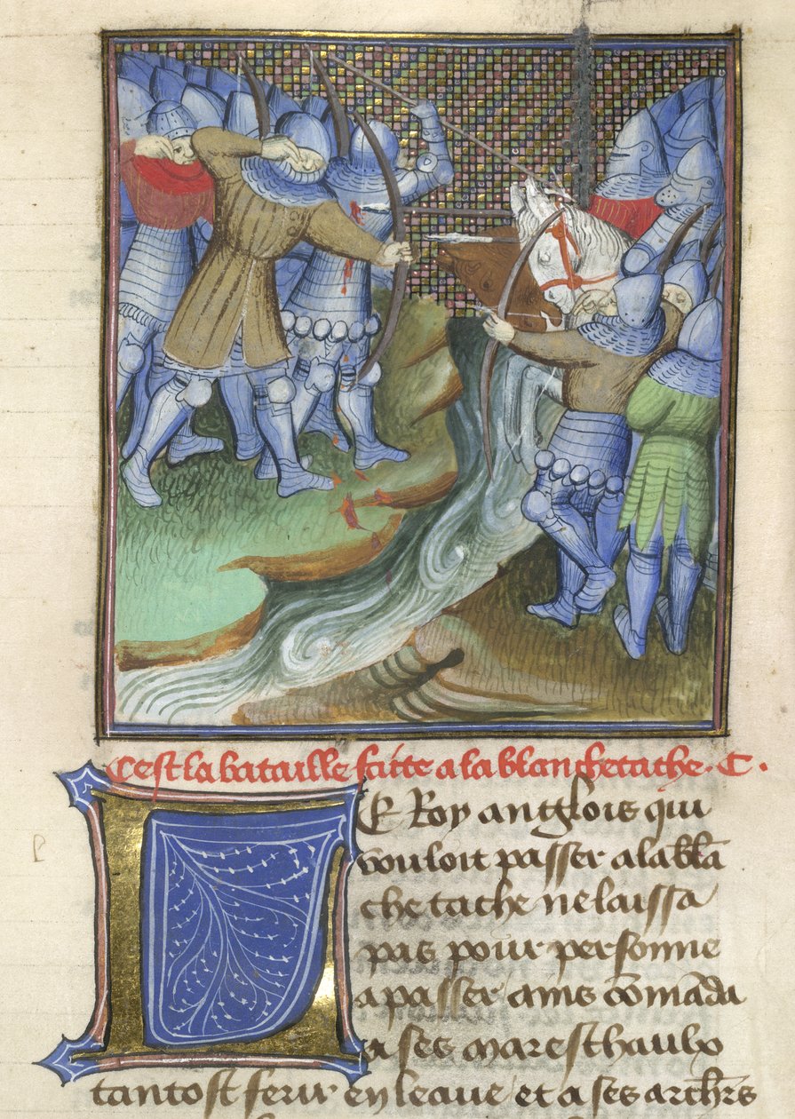 Middeleeuwse soldaten vechtend, over een rivier, uit Chroniques d