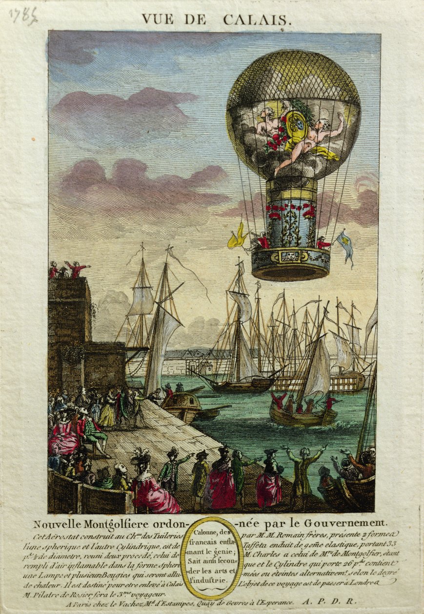 Opstijging van een Montgolfière heteluchtballon in Calais in 1785 door French School