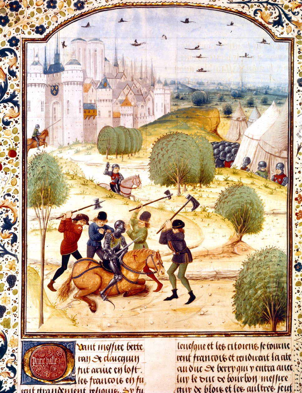 Moord op een Engelse ridder buiten Parijs in 1437 (100-jarige oorlog) verluchting uit Chronicles of England geschreven door Jean de Wavrin door French School