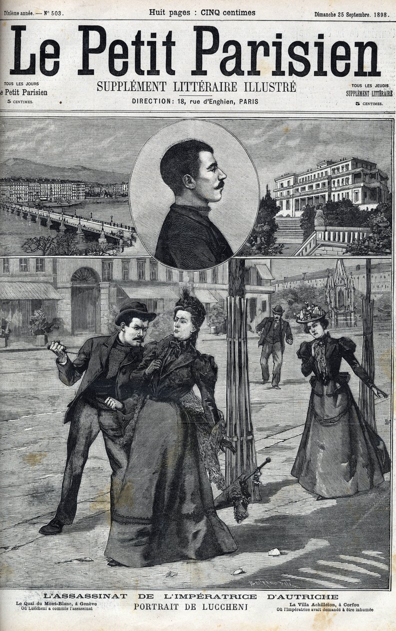Moord op keizerin Elisabeth van Oostenrijk (Sissi) door de Italiaanse anarchist Luccheni in Genève in 1898. Omslag van 