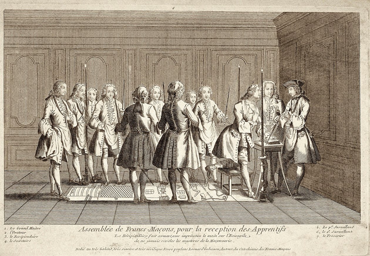 Vergadering van vrijmetselaars voor de ontvangst van leerlingen (gravure) door French School