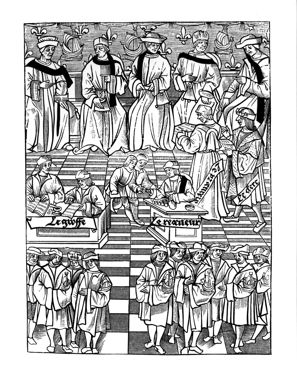 Vergadering van het provoostschap van de kooplieden van Parijs, naar een houtsnede in Ordannances Royaux de la Jurisdiction de la Prevote de Marchands et Eschevinage de la Ville de Paris door Jacques Nyverd door French School