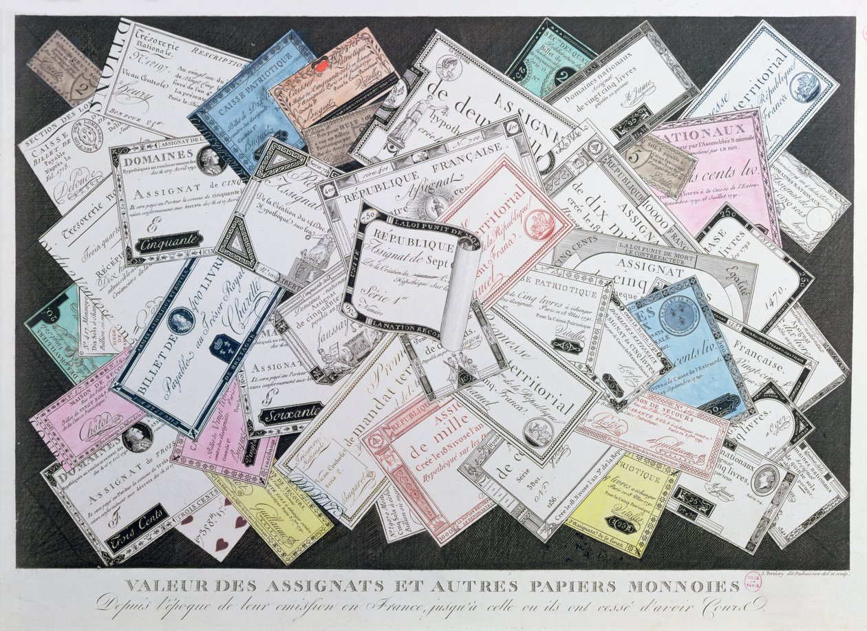Assignaten en andere voorbeelden van papiergeld vanaf de uitgifte in 1789 tot het einde van de circulatie in 1797 door French School