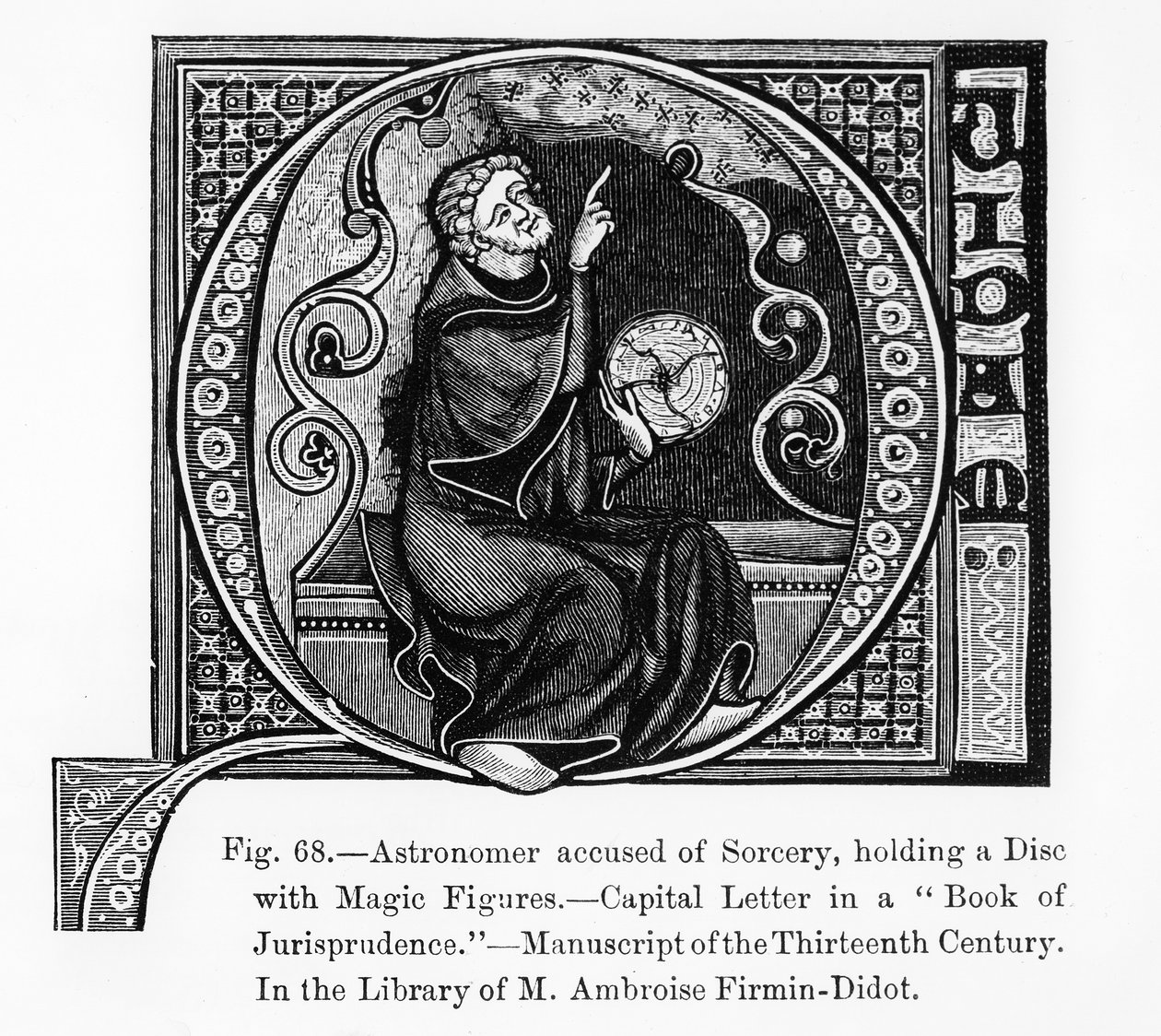 Astronoom beschuldigd van tovenarij, met een schijf met magische figuren, uit Het Boek van Jurisprudentie, illustratie uit Wetenschap en Literatuur in de Middeleeuwen en de Renaissance door French School