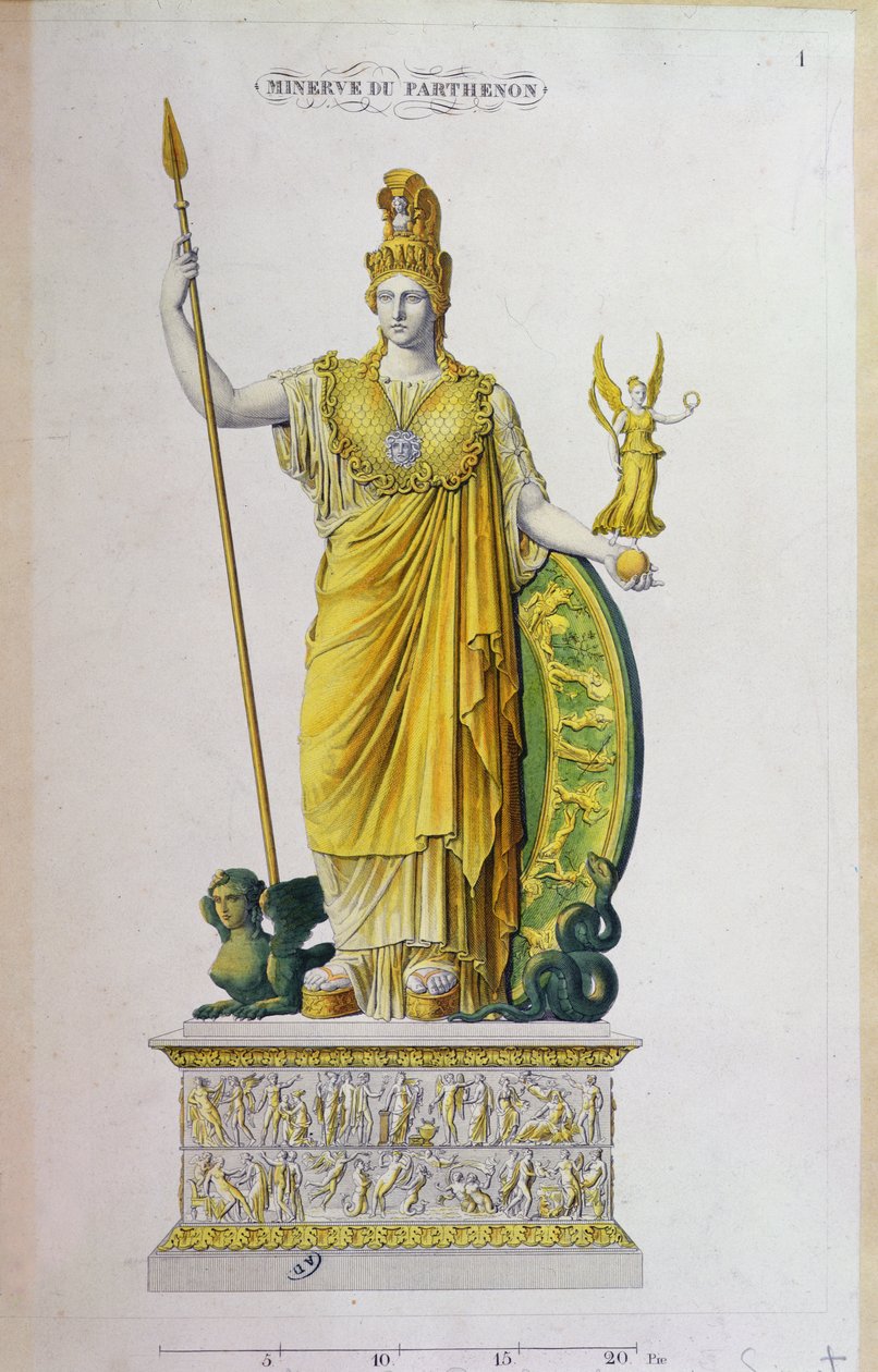 Athena Parthenos, standbeeld van het Parthenon, Athene (kleurgravure) door French School