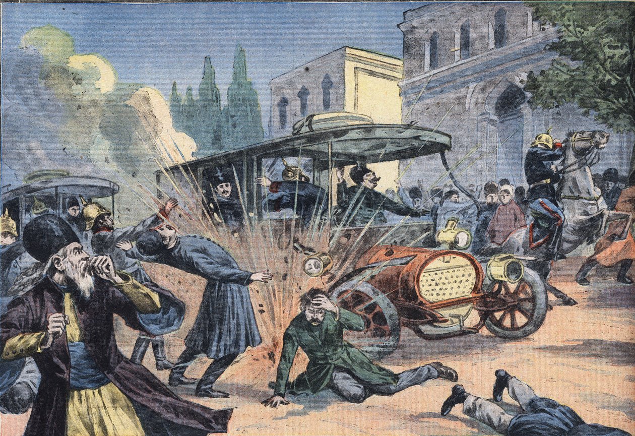 Aanval op de sjah van Perzië Mohammad Ali Shah Qajar (1872-1925). Gravure uit de krant "Le Petit Parisien" door French School