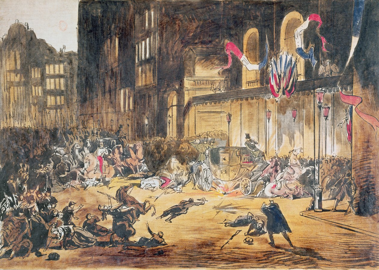 Aanslag op het leven van Napoleon III en zijn vrouw Eugénie door Felice Orsini en drie medeplichtigen op 4 januari 1858 in Parijs door French School