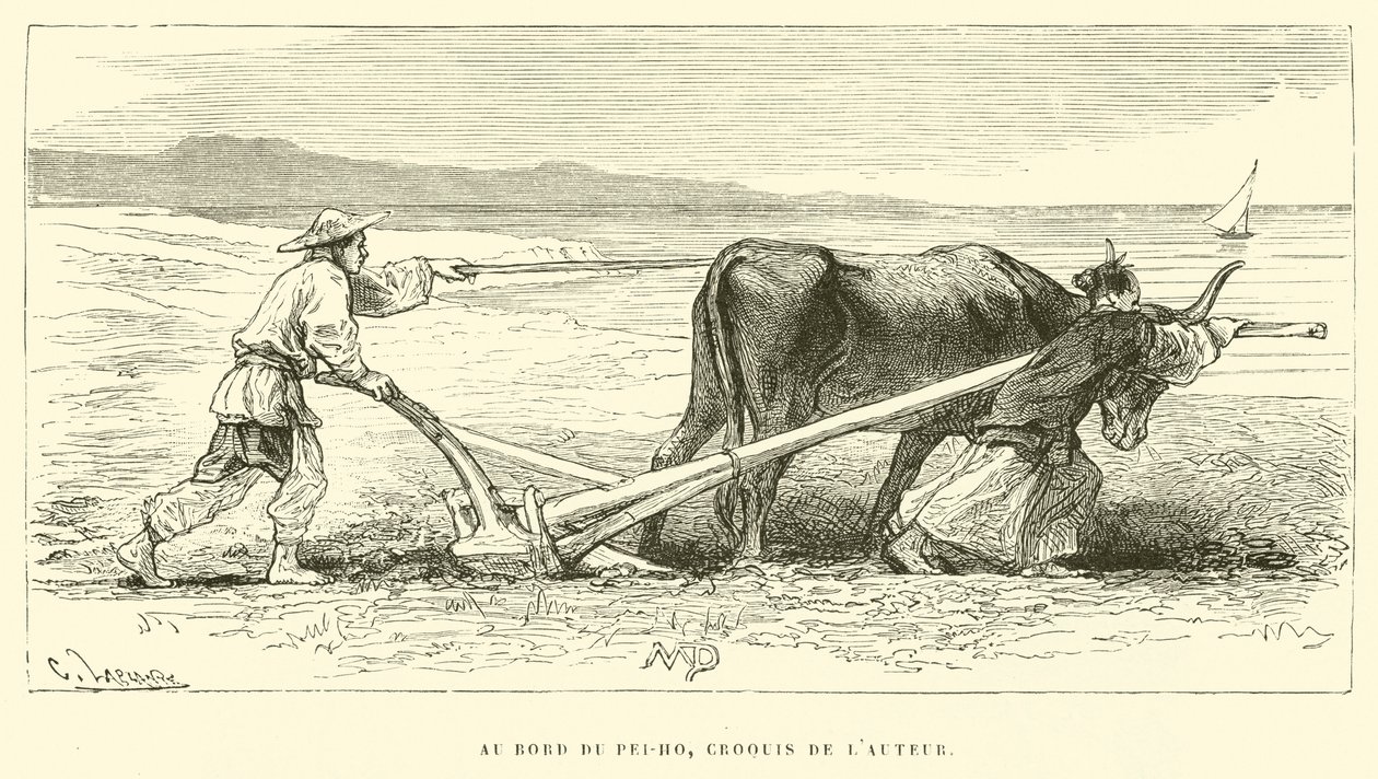 Au Bord du Pei-Ho, schets van de auteur (gravure) door French School