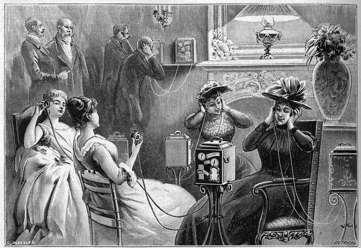 Auditie van de Theatrophone in de lounge van een groot hotel in Parijs in 1892 door French School