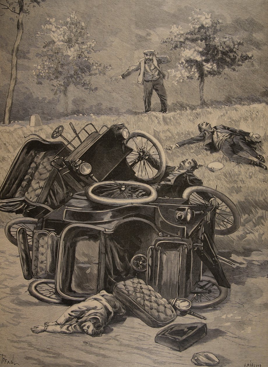 Auto-ongeluk, illustratie uit Le Petit Journal: Supplement illustre, 1898 door French School