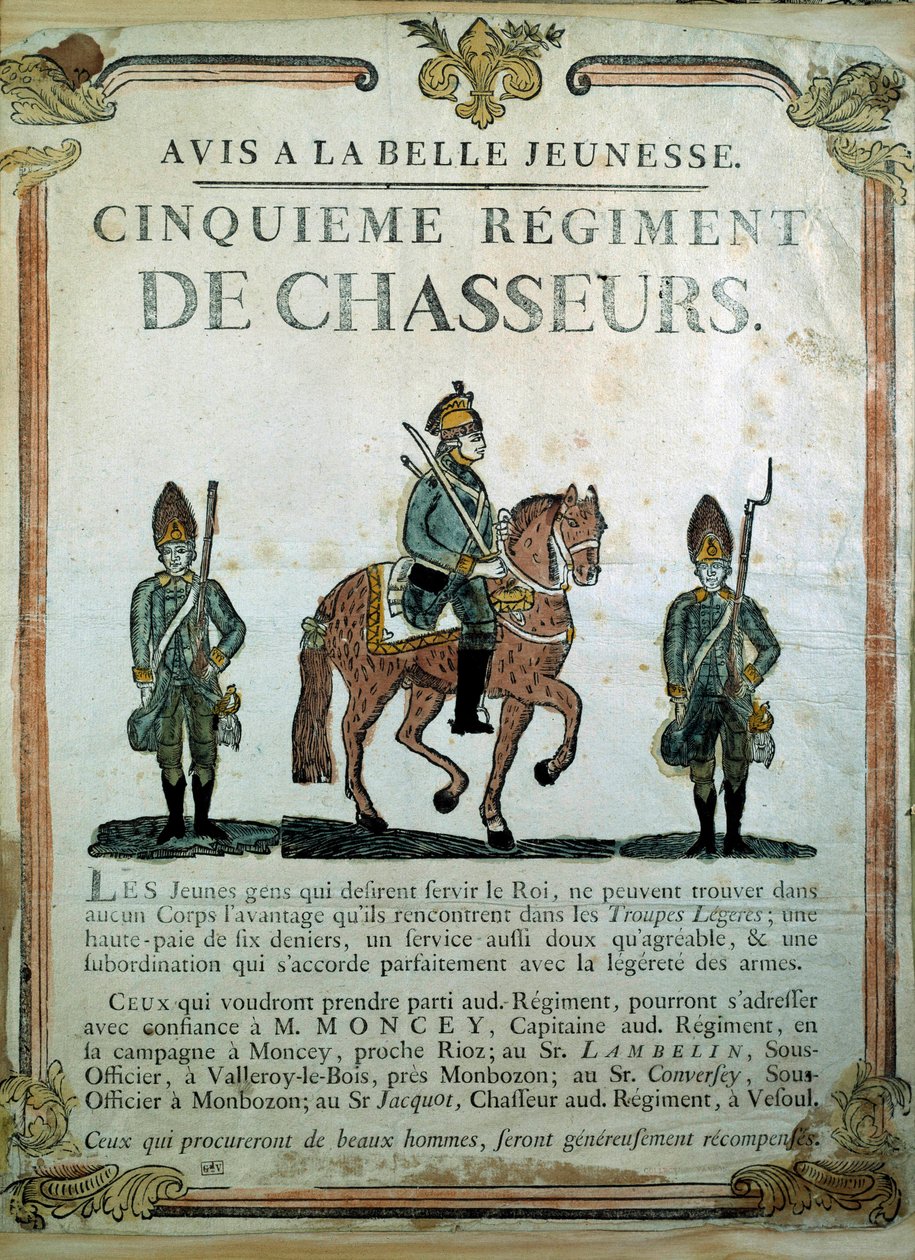Avis à la Belle Jeunesse, wervingsposter voor het 5e Regiment van Jagers 18e eeuw. Parijs, Musée de l