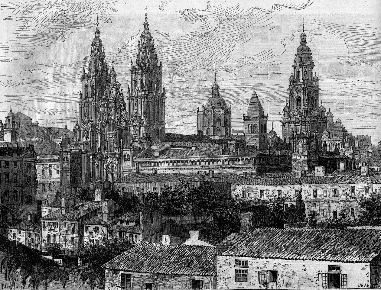 Barokkunst: zicht op de kathedraal van Santiago de Compostela. Spanje. Gravure in 
