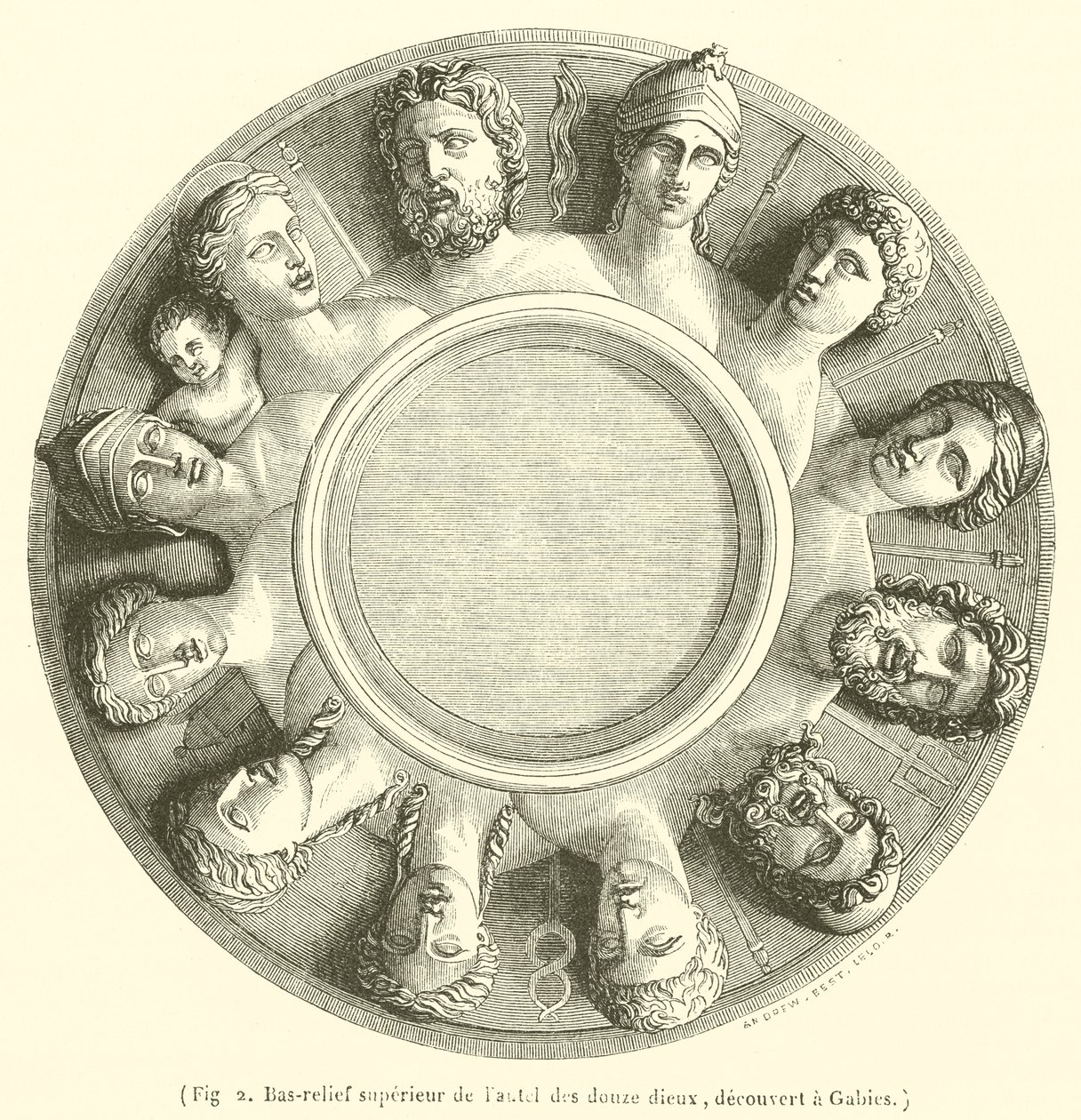 Bovenste bas-reliëf van het altaar van de twaalf goden, ontdekt in Gabies (gravure) door French School