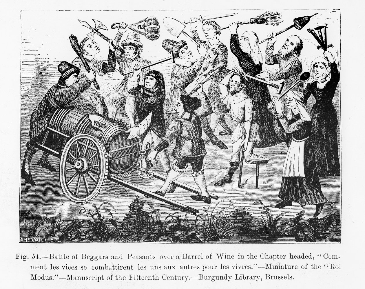 Slag van Bedelaars en Boeren om een Wijnvat, uit het Boek van Koning Modus, illustratie uit Wetenschap en Literatuur in de Middeleeuwen en de Renaissance, geschreven en gegraveerd door Paul Lacroix door French School