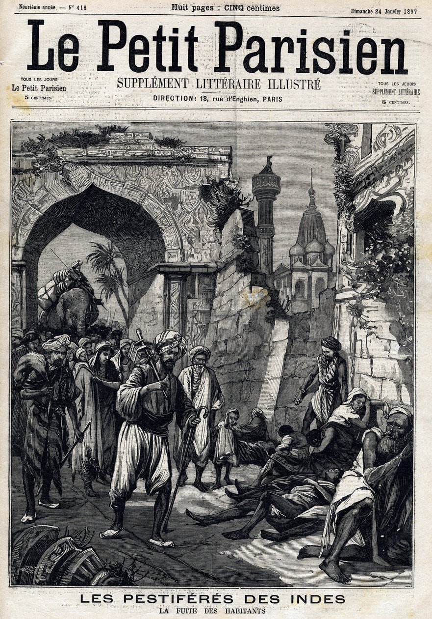 India getroffen door de pest, inwoners vinden de epidemie voordat ze de builenpest oplopen. Voorpagina van Engelse krant Le Petit Parisien. 24 januari door French School