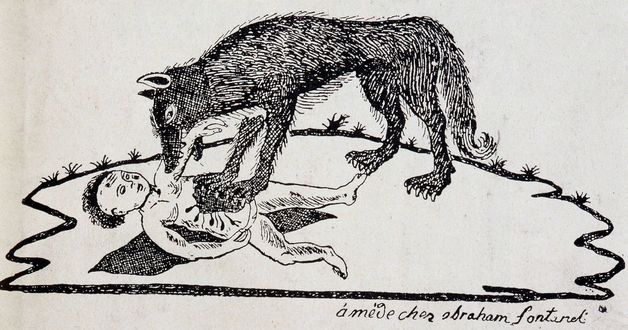 Beest verscheurt een kind (beest van de Gévaudan) - houtsnede gepubliceerd in Mende (Archives du Puy-de-Dôme) door French School