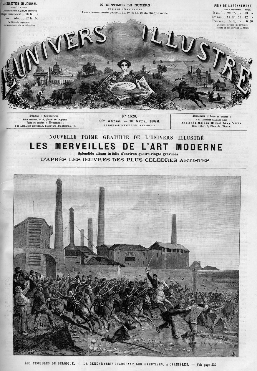 Belgische arbeidersstaking: de politie laadt de ruiters in Carnieres. Een krant. Gravure in 