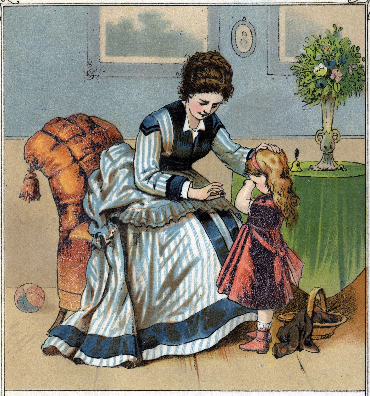 Berthe huilt omdat ze net haar vinger heeft geprikt tijdens het naaien. Haar moeder berispt haar omdat ze vergat de naald te gebruiken. Chromolithografie uit 