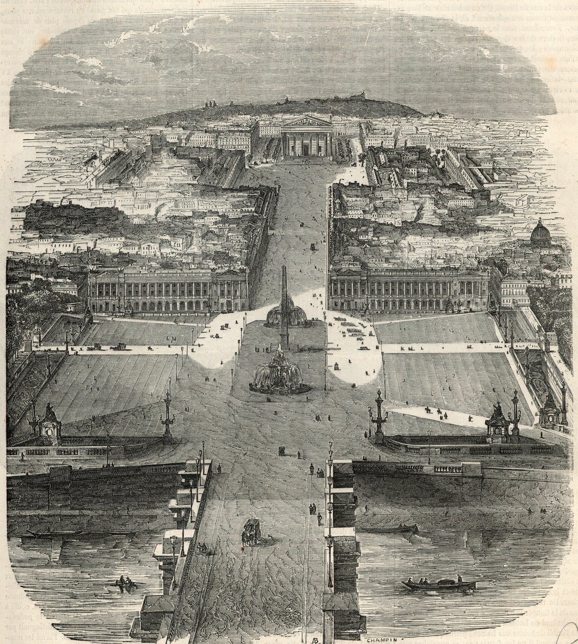 Vogelperspectief van Place de la Concorde, rue Royale met de kerk van de Madeleine - Gravure in 
